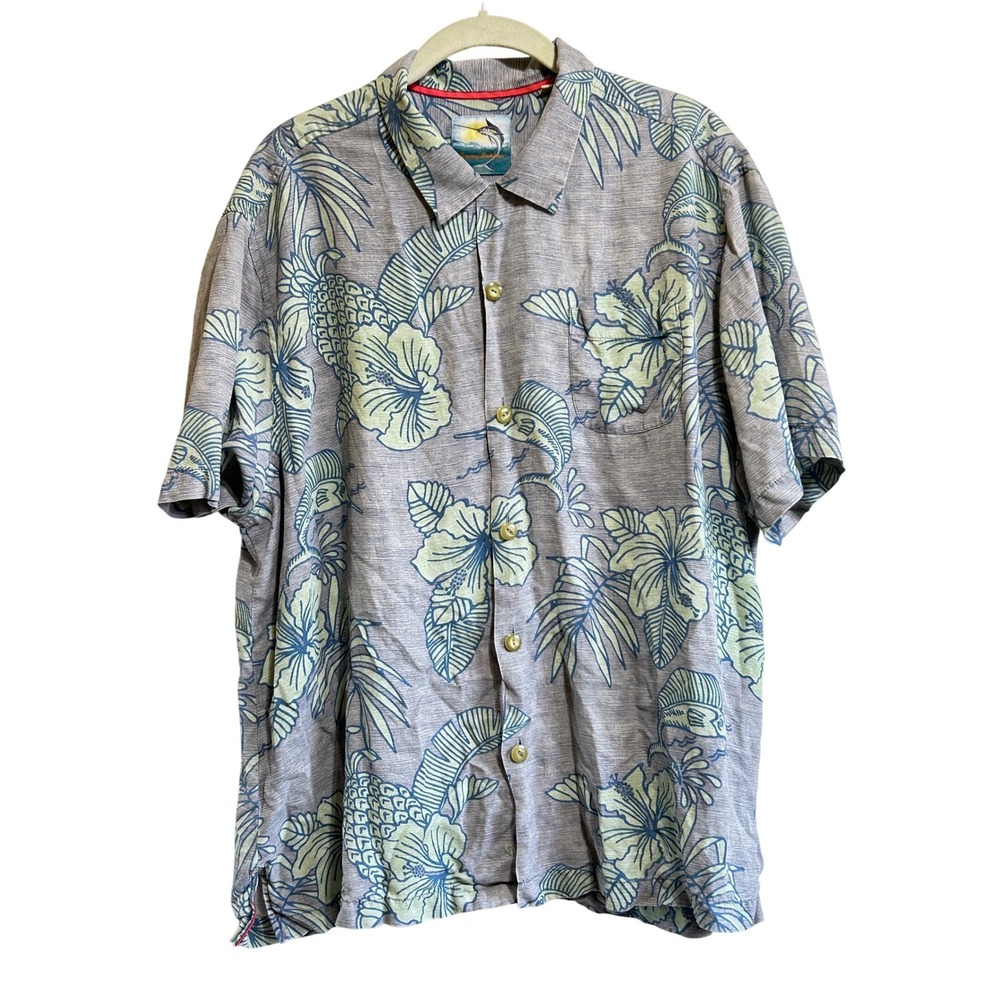 Tommy Bahama Silk Shirt XL Grey Tropical Marlin Hibiscus Island Modern Fit